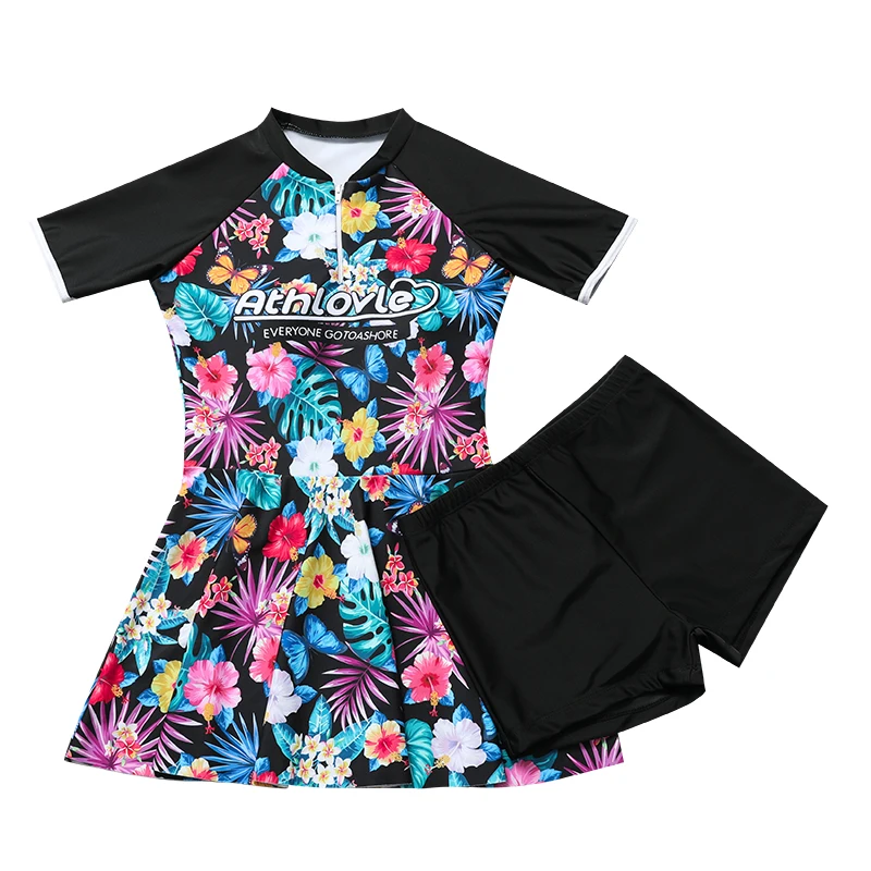 New sports swimsuit two-piece set, short sleeved girls\' sun protection, medium and large children\'s flat angle skirt swimsuit