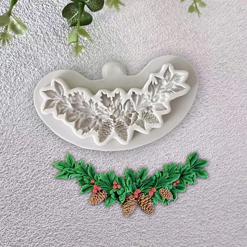 Silicone Christmas Mold Leaf Foliage Branch Pineal Cone Resin Tools Cupcake Fondant Cake Lace Decorating Tools For Baking