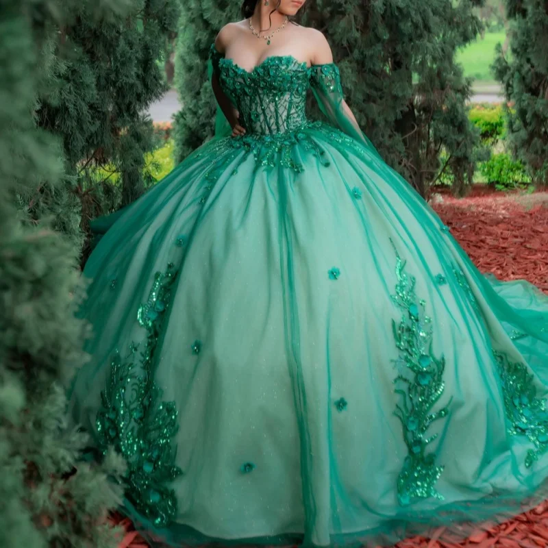 

Green Quinceanera Dresses Off the Shoulder Glitter Crystal Decal Long tail Vestido De 15 Quinceanera Customize