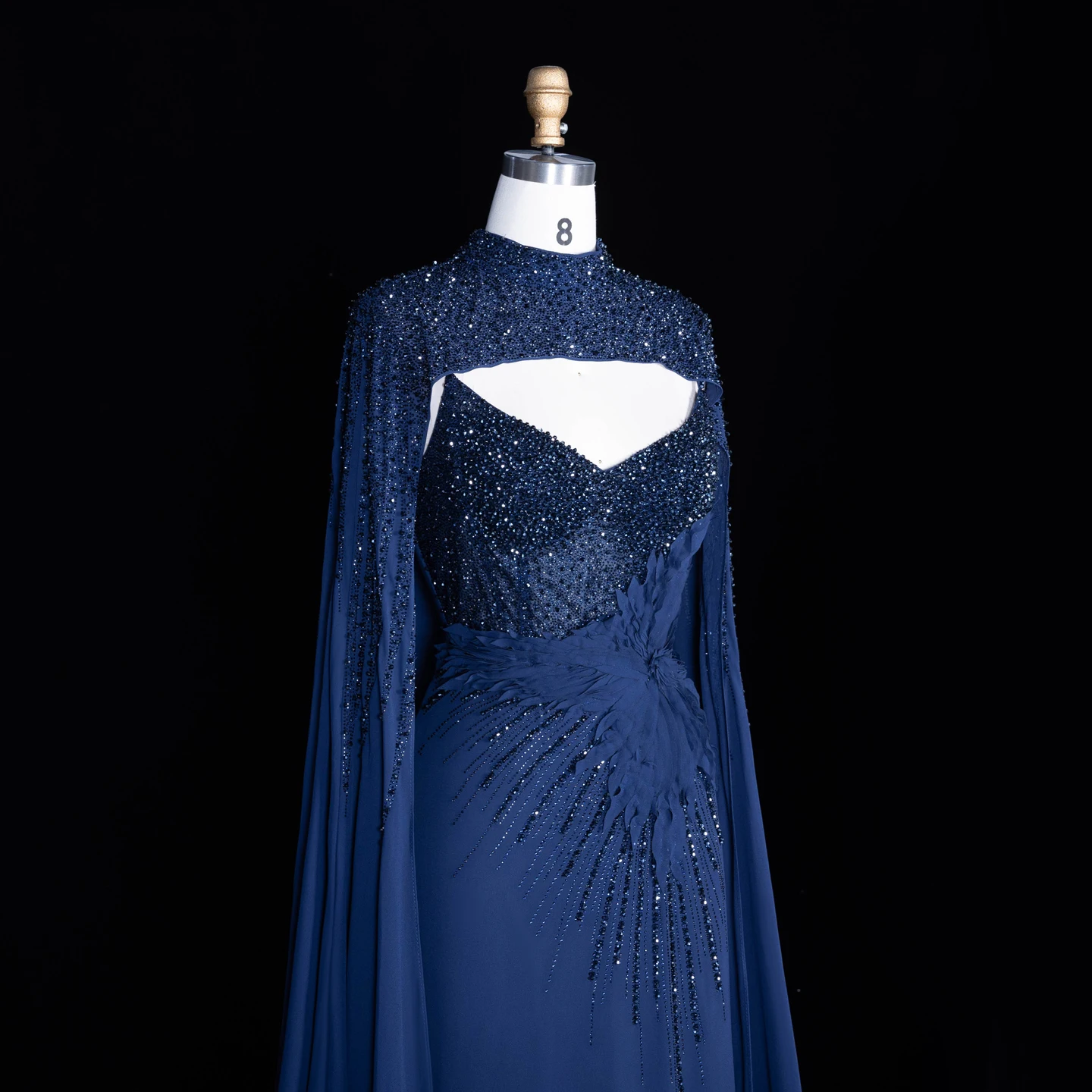 Sharon Said Abendkleider Luxuriöse Meerjungfrauen-Kleider mit V-Ausschnitt, Chiffon, Kristallen, Arabisch, Dubai, formelle Partykleider mit Umhang SS074 Maßanfertigung – Detail 11