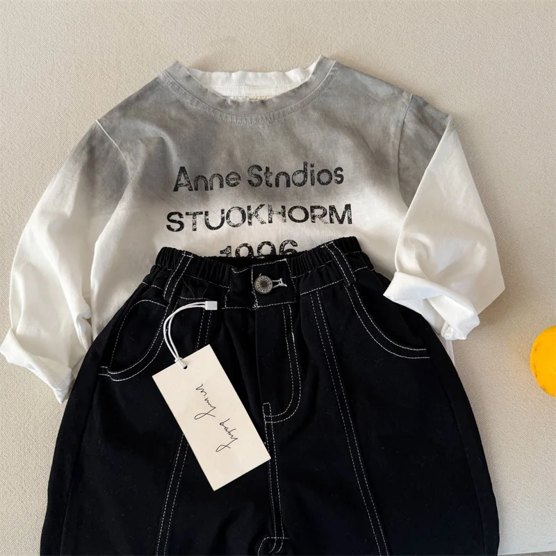 Boys T-shirt 2026 Autumn and Winter New Children's Clothing Korean Style Boys and Girls Fashion Letter Print Gradient T-shirt