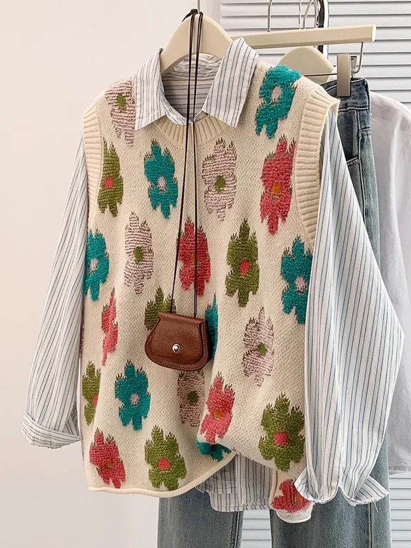 

Faionable Agel, жилет с цветочной вышивкой, женская вязаная свободная верхняя одежда, осенне-зимний повседневный топ больших размеров