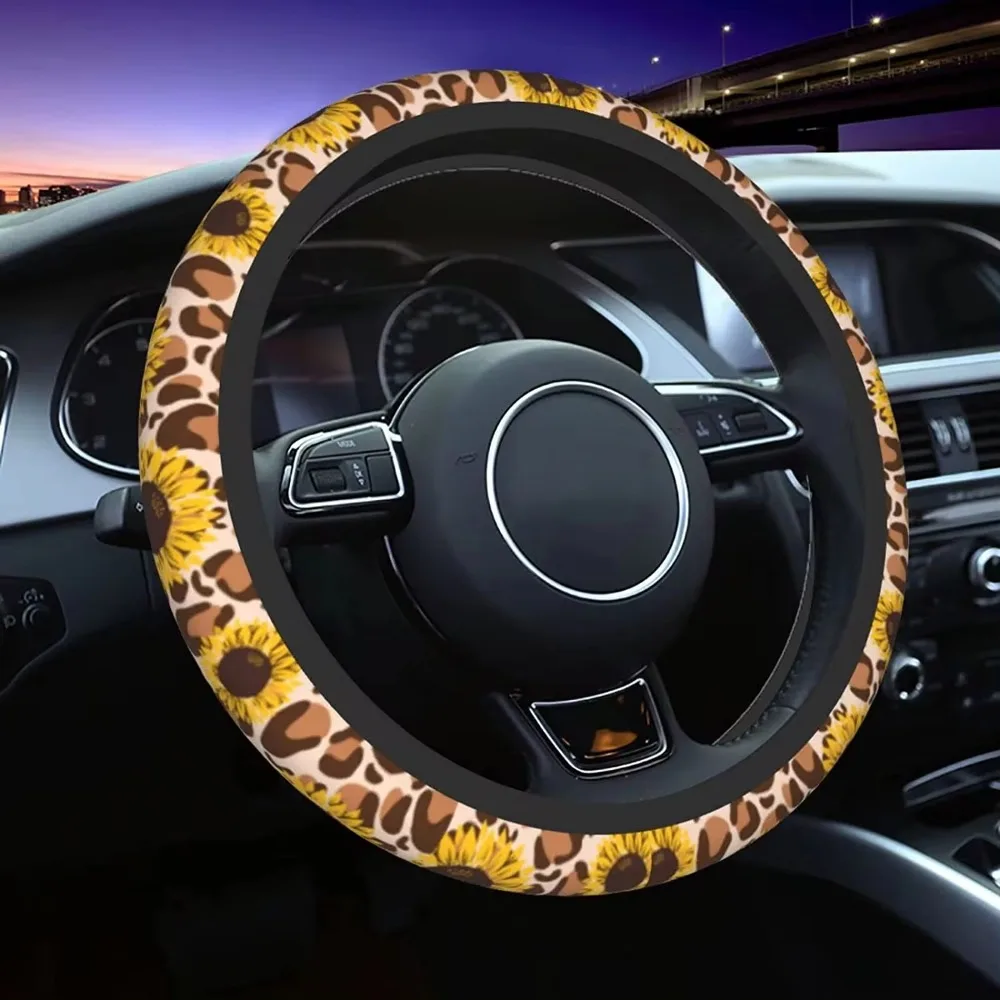 

Yellow Sunflowers on A Yellow with Leopard Print Steering Wheel Cover Universal 15 in Sunflower Flower Car Steering Wheel Cover