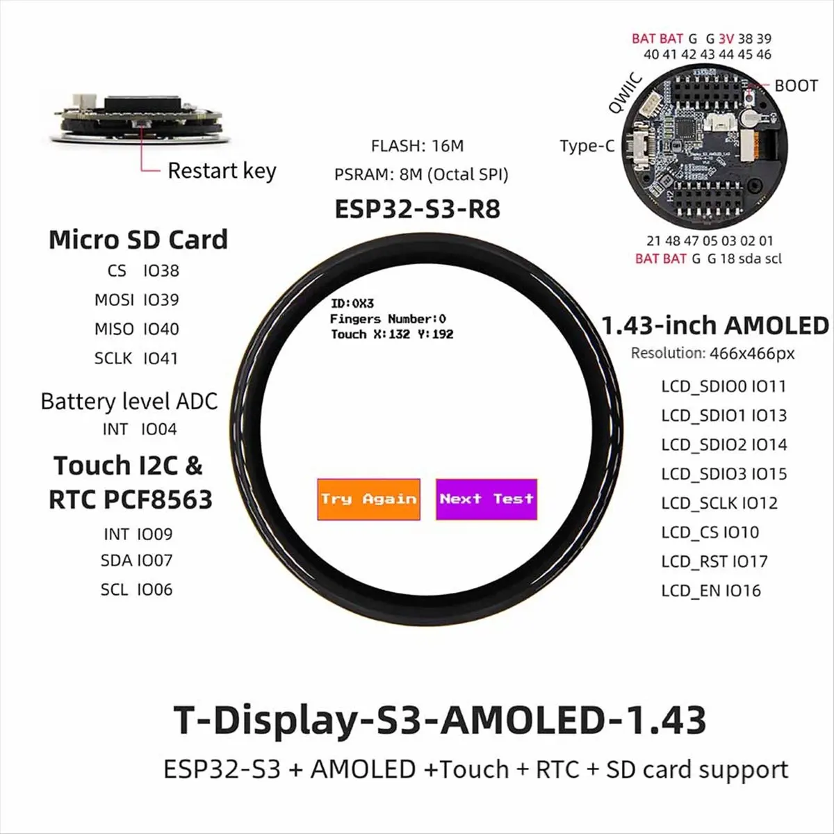 Welcome Deal-T-Display- - Development Board, 1.43-Inch AMOLED, WiFi, Bluetooth, 16MB Flash, 8MB PSRAM