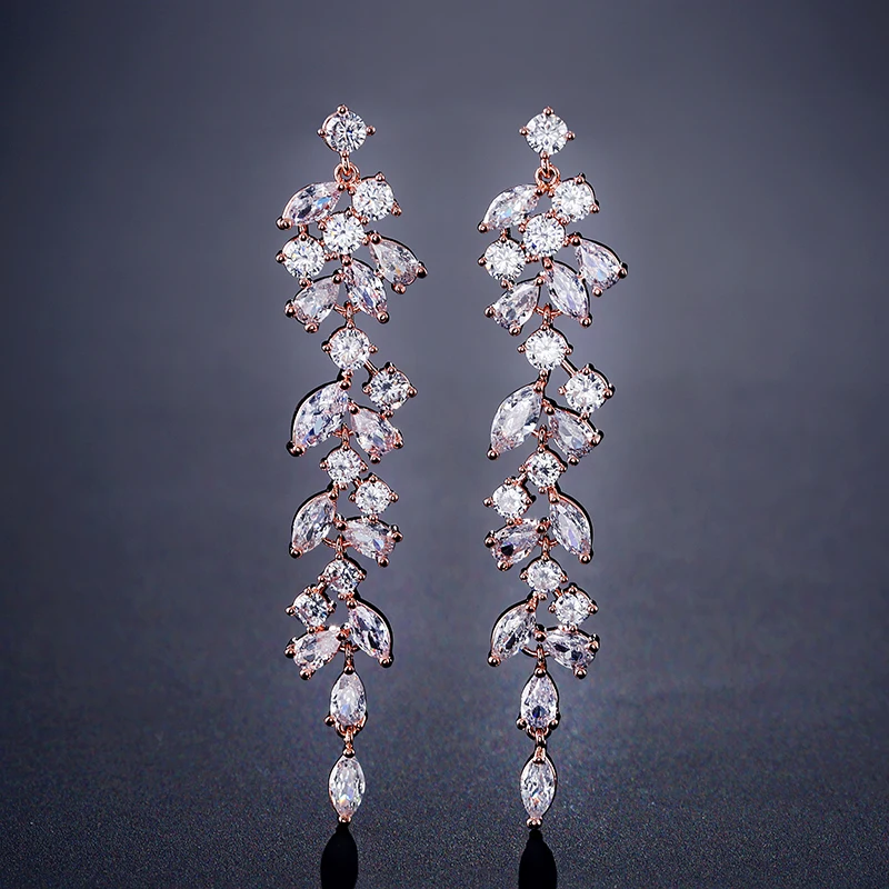 ZAKOL Fashion Cubic Zirconia Leaf Long Dangle Earrings for Women White Leaves Drop Earring Bridal Wedding Jewelry Gifts
