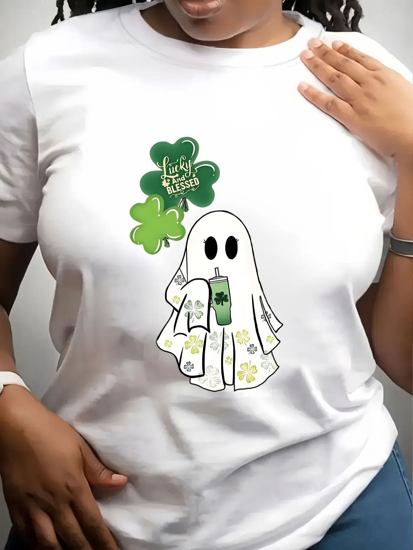 Women's Trendy Crew Neck T-Shirt Lucky Blessed Ghost Shamrock Print Suitable for Casual Sportswear