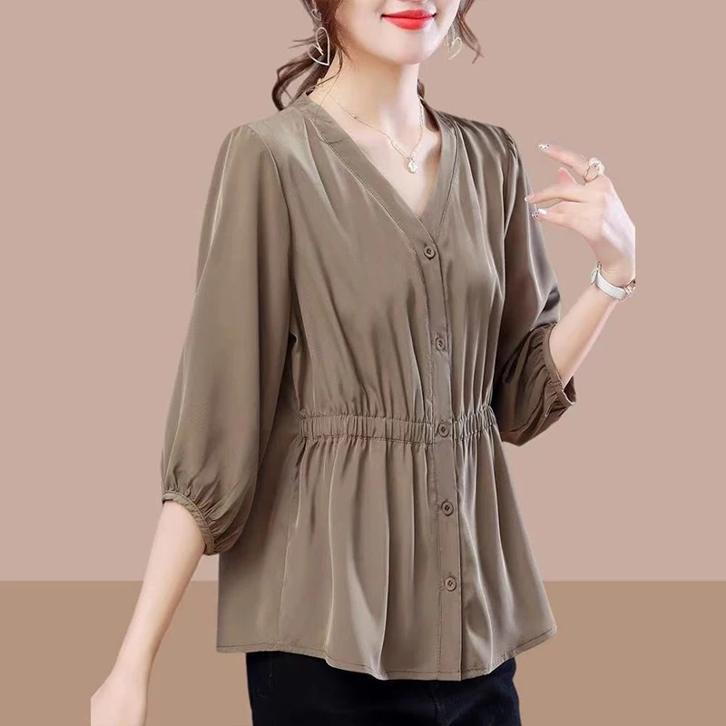 Oversized Three-quarter Sleeved Waistband Chiffon Shirt for Women\'s Spring Summer New Loose Covering Belly Slimming Trendy Top