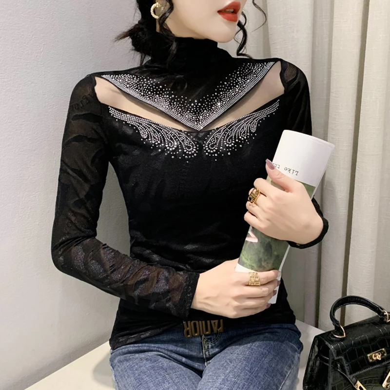 Autumn Winter New Mesh T shirt Fashion V-Neck Diamond Shirt Slim Fit Half High Collar Long Sleeve Women Tops
