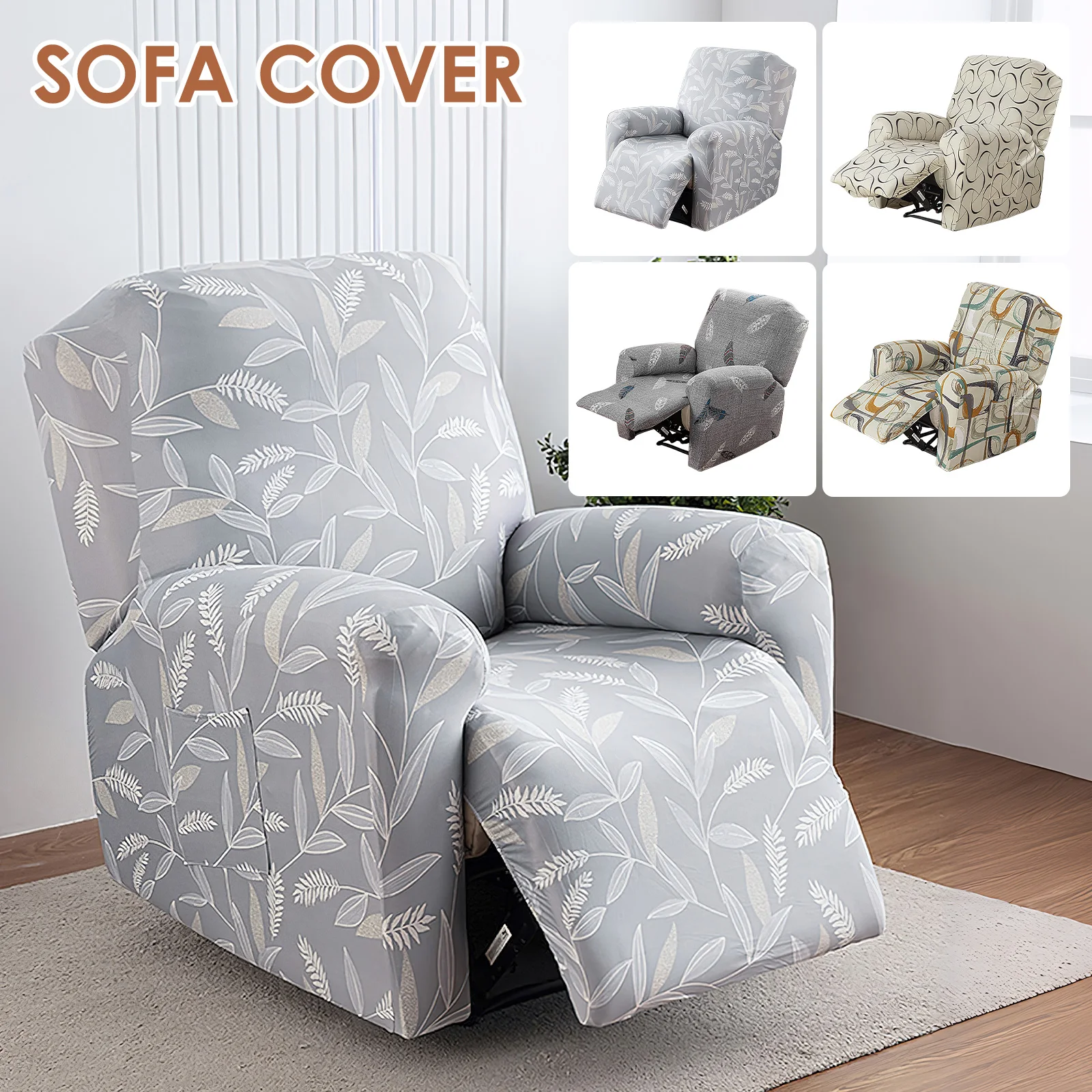 4Pcs/Set Stretch Recliner Chair Cover Single Seater Sofas Protector Cover with Pocket Comfort Nonslip Sofa Slipcover for Decor
