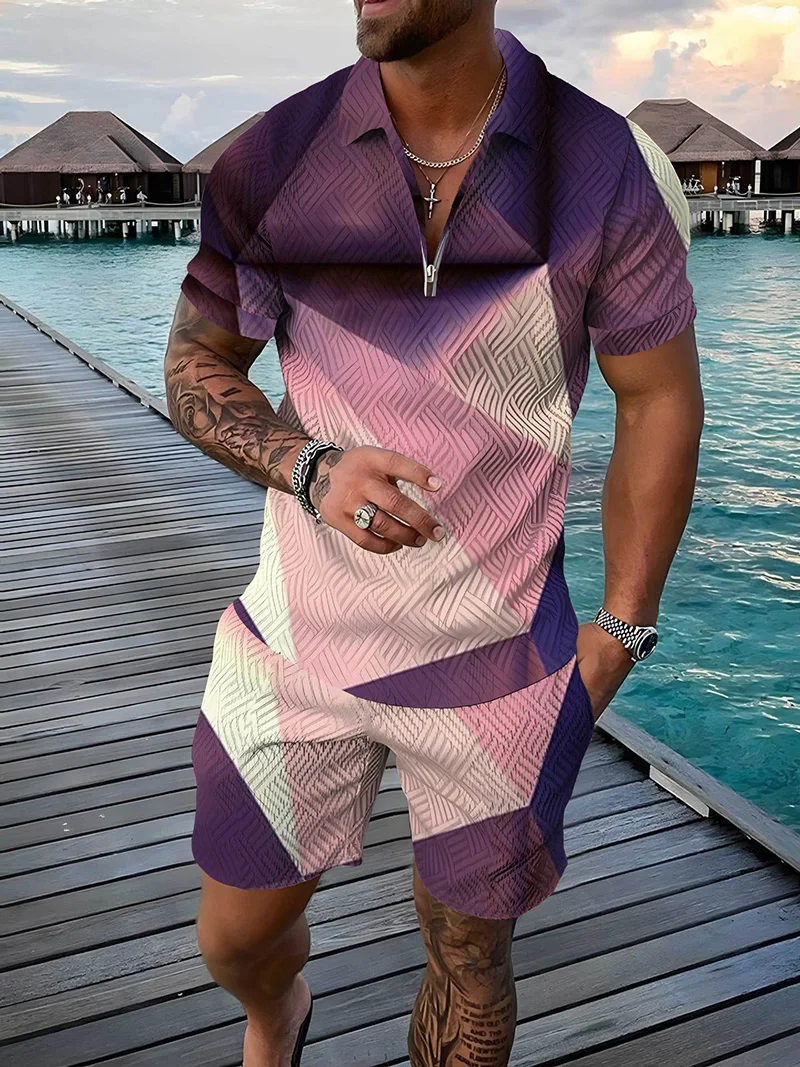 Conjunto de chándal para hombre a la moda de verano, parches de colores, estampado 3D, Polo informal con cremallera y pantalones cortos, conjuntos de 2 uds, conjuntos de chándal de gran tamaño