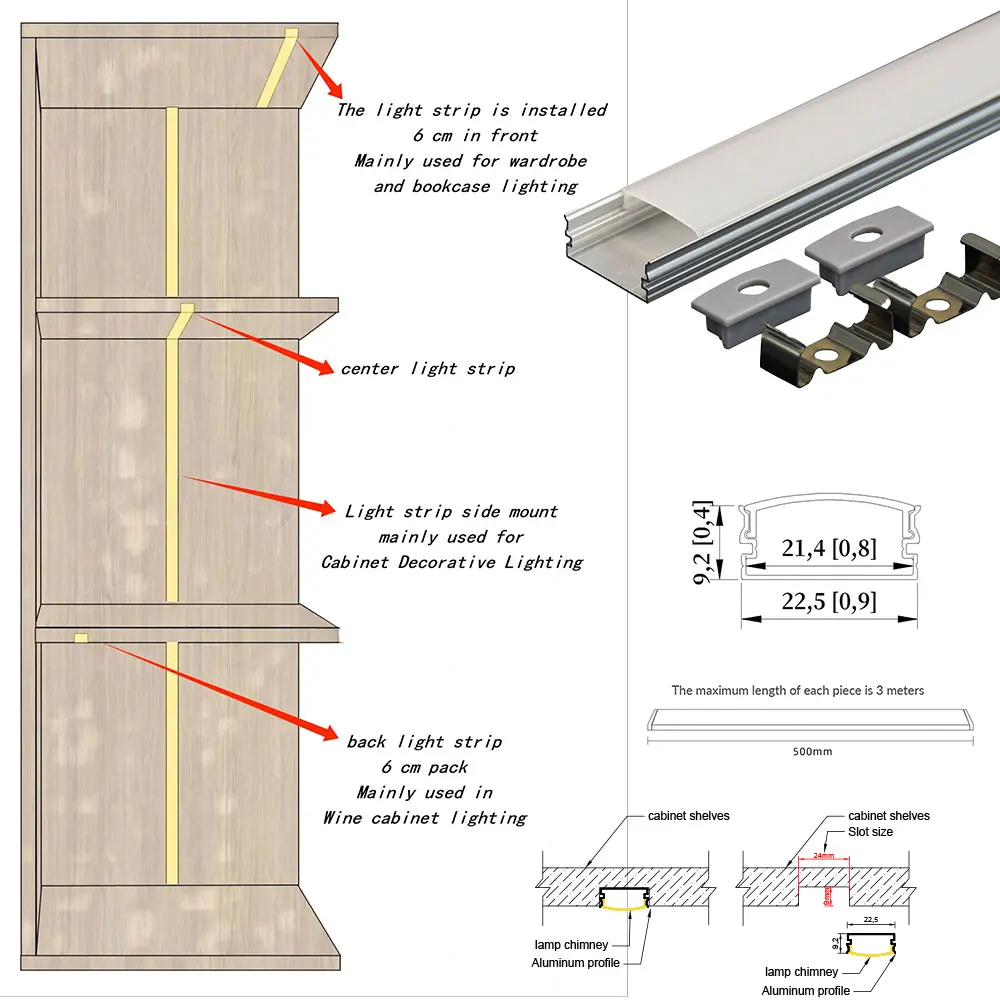 23x10mm (3pcs) 0.5m Good quality wall mount led aluminum channel profile for room office led light