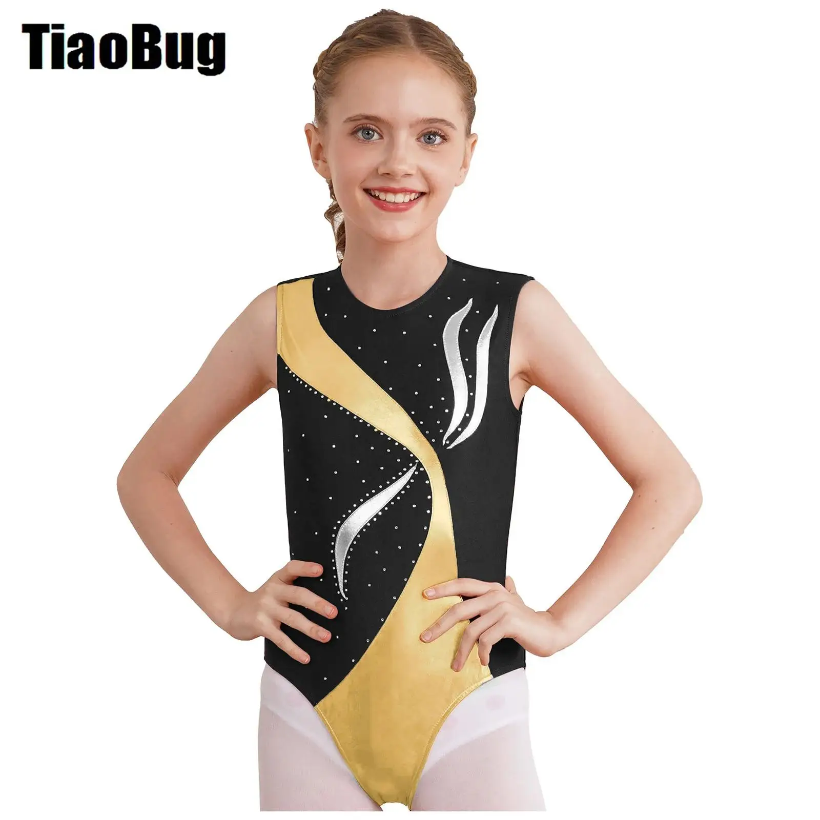 

Kids Girls Ballet Leotard Metallic Shiny Patchwork Rhinestones Keyhole Back Sleeveless Performance Gymnastics Bodysuit