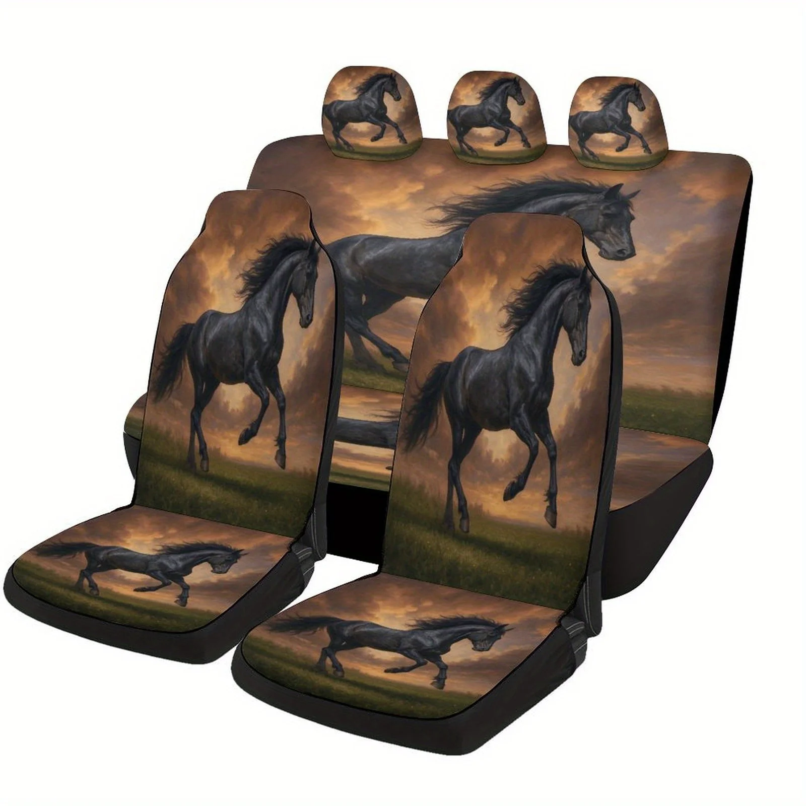 Black Horse Gallop Designed Car Seat Cover Set For Most Cars, High-quality Comfortable Car Seat Protector Covers Full Set, Unive