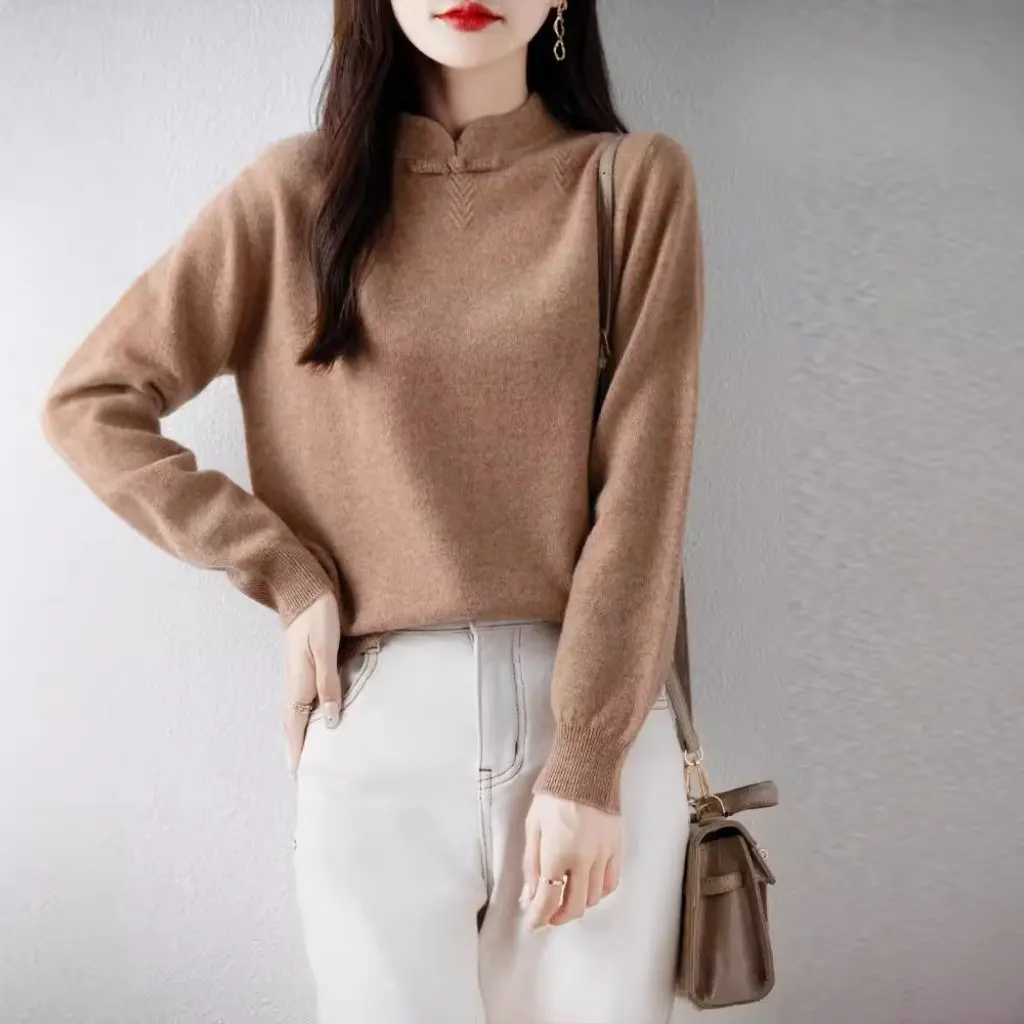 

Women's Chinese Style Vintage Collar Slim Fit Wool Sweater Autumn Winter Knitted Base Shirt with Buckle Western Red Color