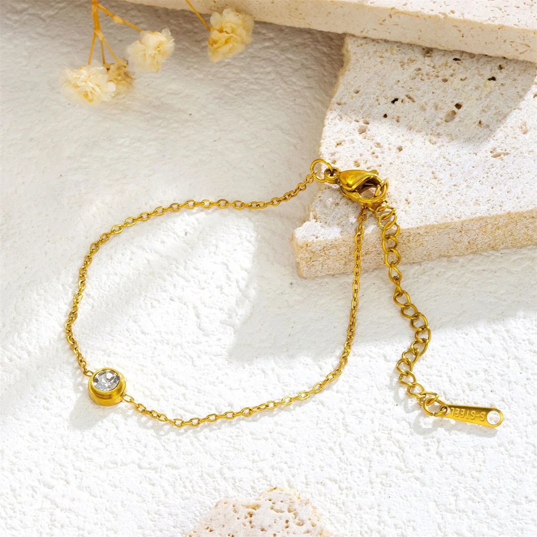 Trendy Fashion Zirconia Round Charm Bracelet Simple Female Gold Color Stainless Steel Chain Link Bracelet for Women Jewelry Gift