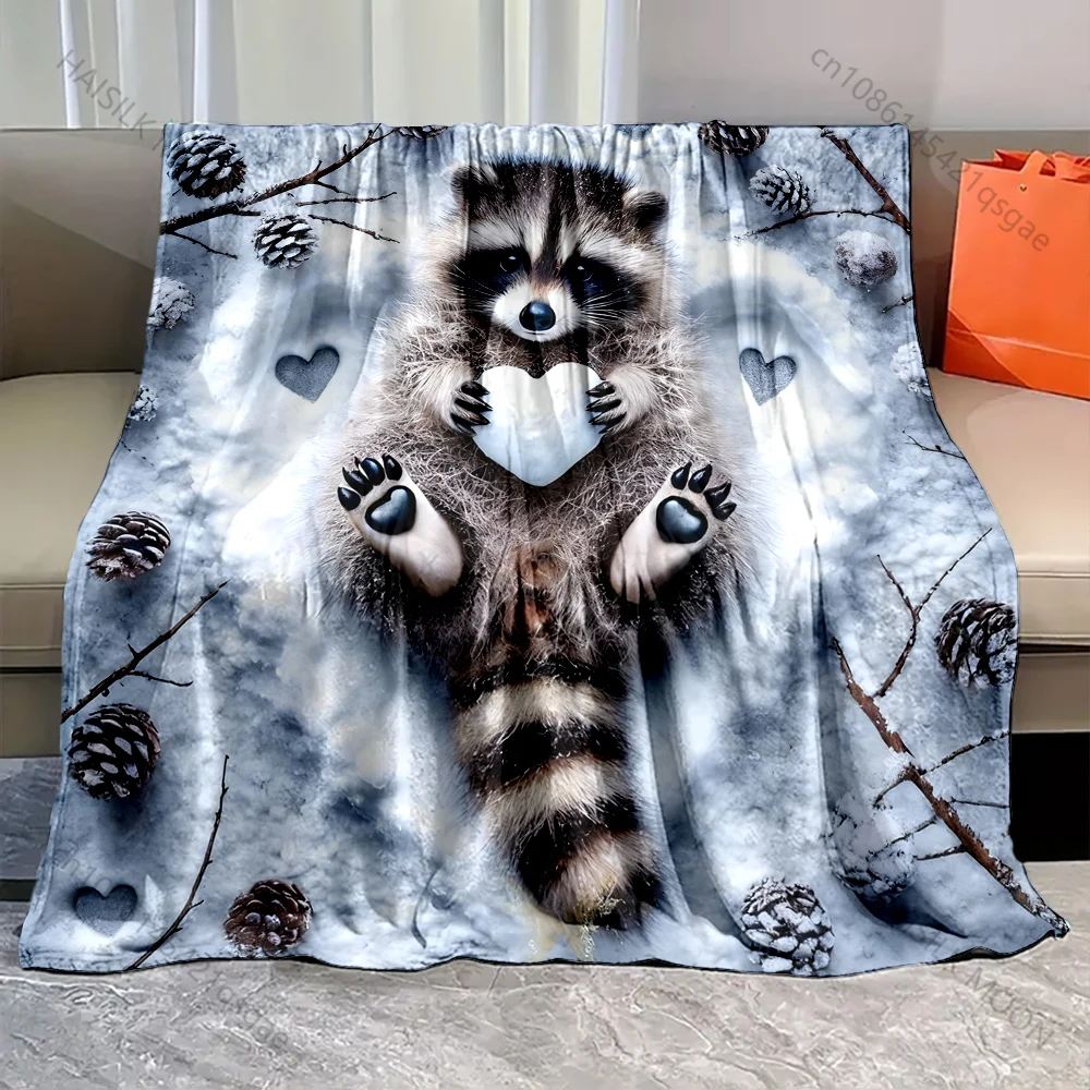 1PC Raccoon holding heart in snow pattern Blanket Flannel Material Soft Warm for All Seasons,For Home Outdoor Camping Picnics RV
