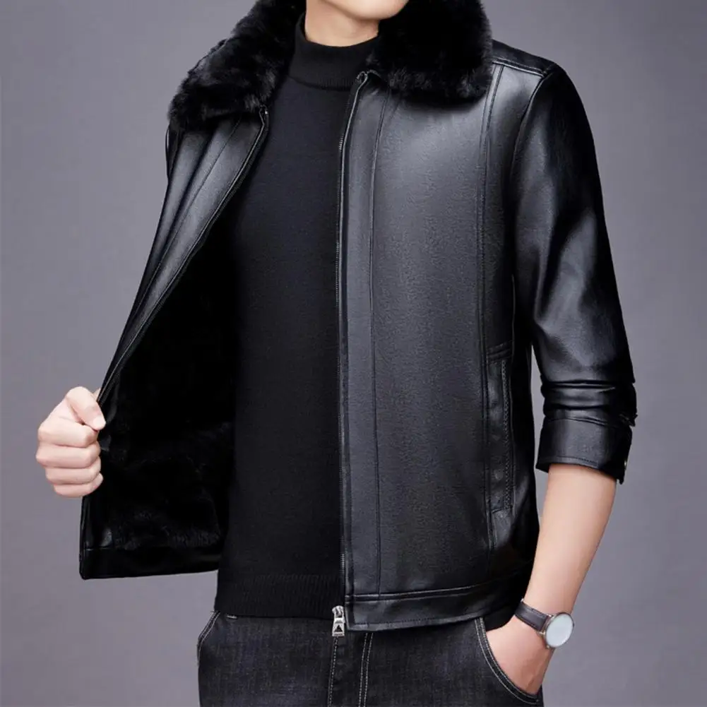 Windproof Men Jacket with Zipper Closure Stylish Men's Faux Leather Jacket with Removable Fur Collar Slim Fit Zipper Closure