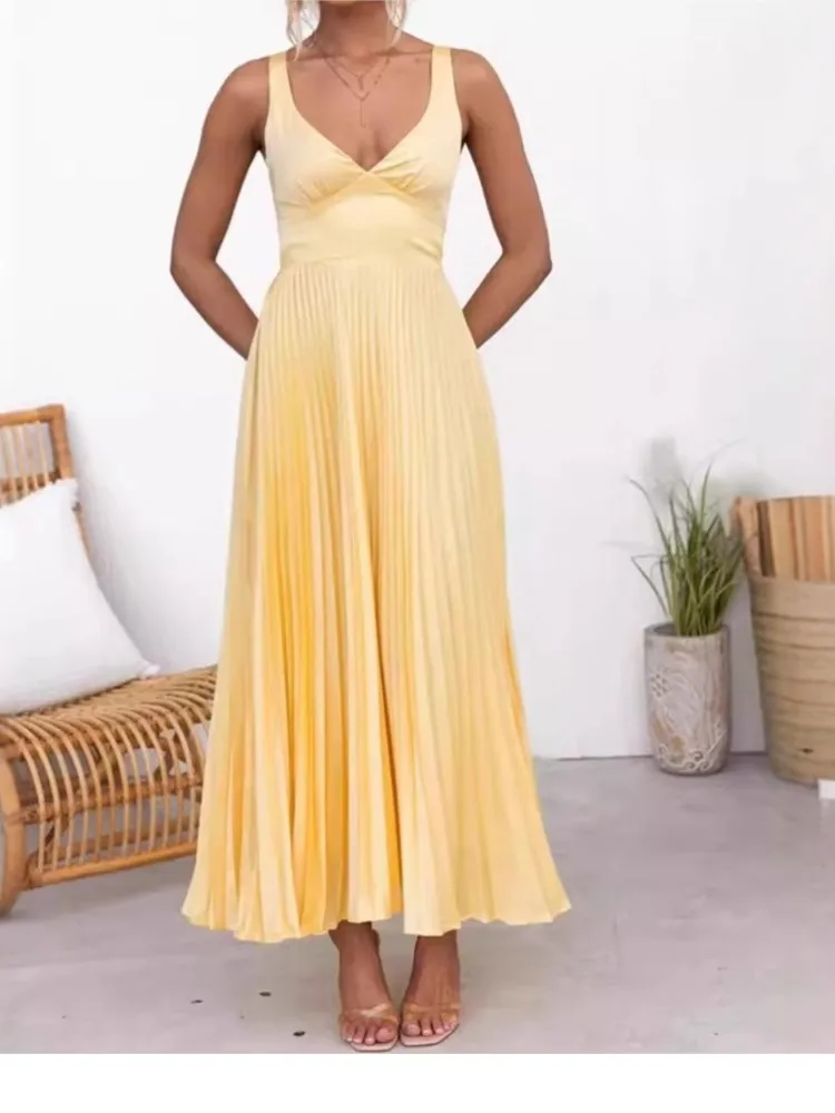 

Fashion V-Neck Long Dress Summer Elegant Strap Loose Sleeveless Party Dress Women's High Waist Solid Pleat Commuting Dresses
