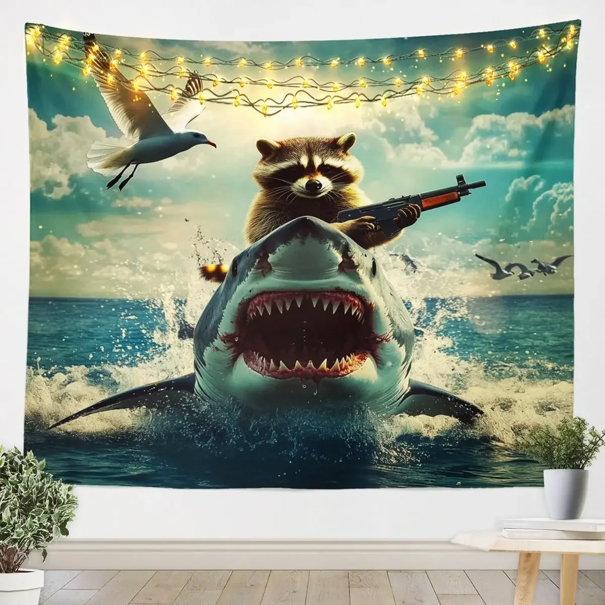 Funny Animal Tapestry Cool Raccoon Riding Shark Wall Hanging Blanket for Kids Boys Girls Ocean Theme Wall Blanket Fun Nautical