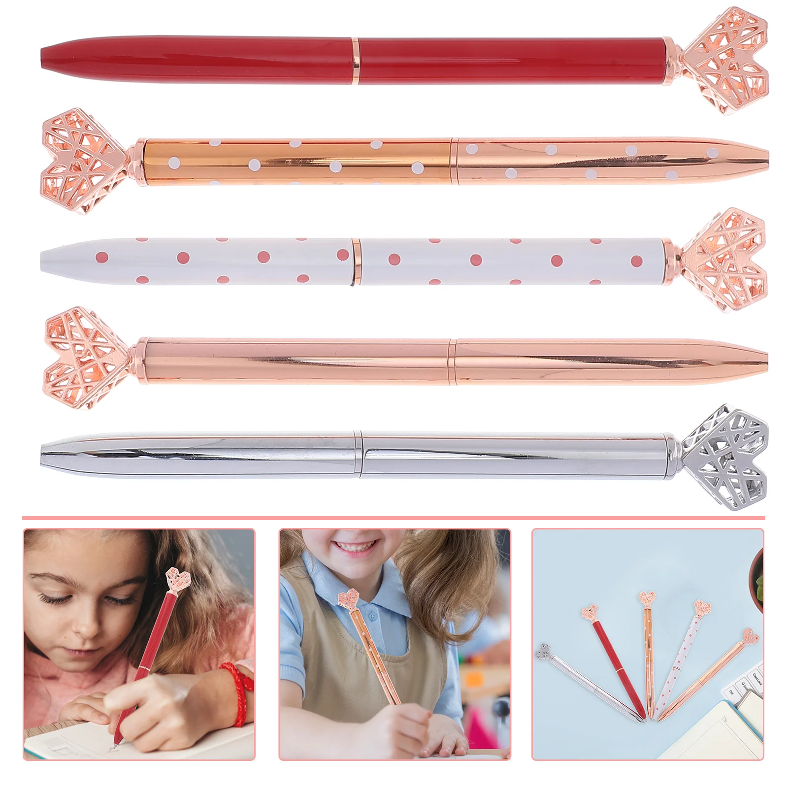 5 Pcs Heart Shaped Ballpoint Pens Colorful Metal Writing Stationery Smooth Premium Ink Daily Use Crafting Doodles Note Taking