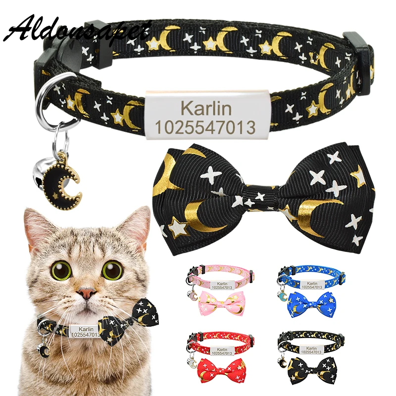 

Personalized Cute Bowtie Cat Collar Bell Name Custom Engraved Nameplate Safety Breakaway Star Moon Bowknot Cat Collar Necklace