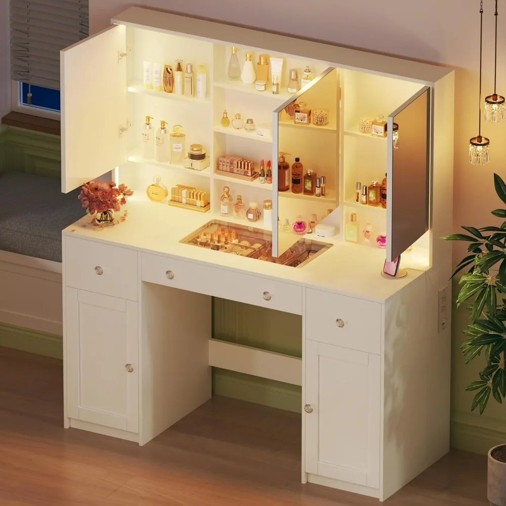 

Desk with Mirror and Lights, 45.3'' Large Makeup Vanity with Glass Top & Power Outlet, White Vanity Table with 3 Drawers