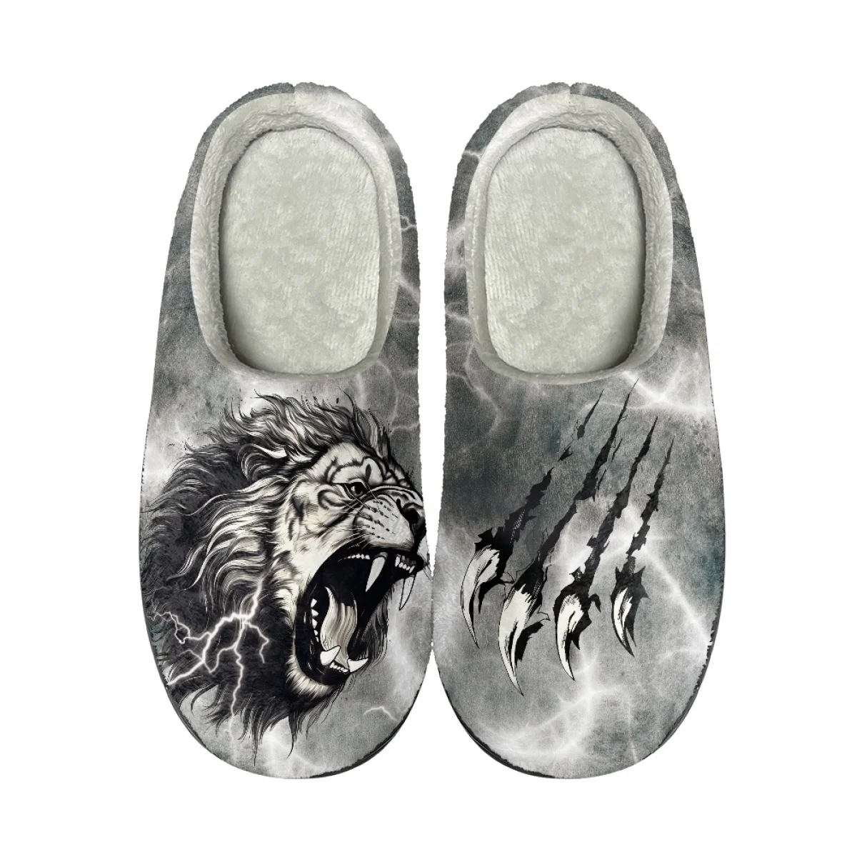 INSTANTARTS New Home Warm Slippers For Women Men Fierce Lion Grabbing Print Winter Warm Plush Slides Indoor Men's Cotton Shoes