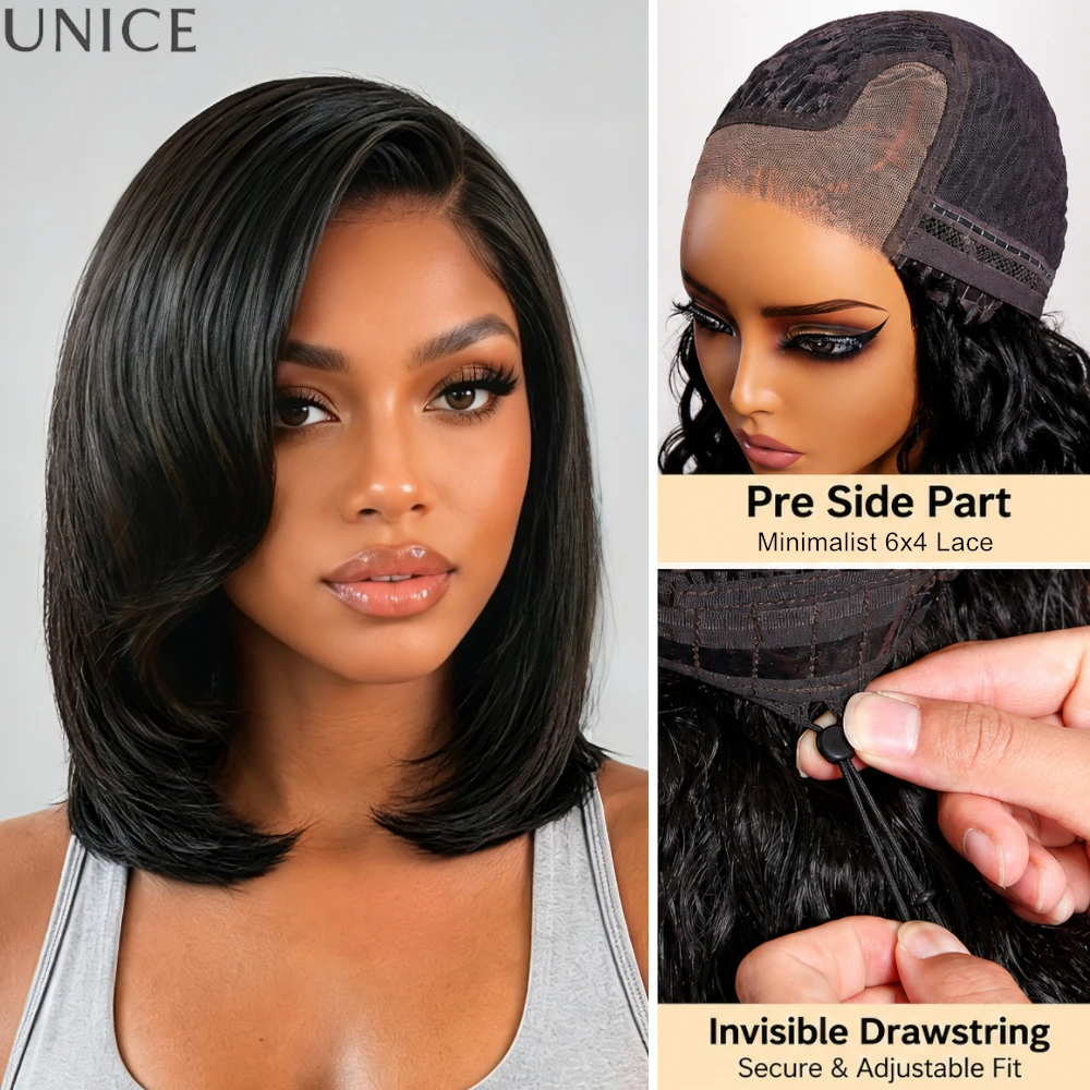 UNice Bye-Bye Slip™ 6x4 Lace Side Part Layered Bob Wig With Side-Swept Bangs Invisible Drawstring Glueless Wig Human Hair Ready To Wear 180% Density