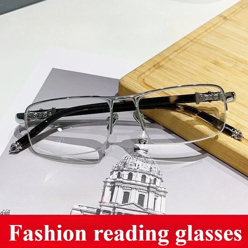 Modische Halbrahmen-Lesebrille für Männer und Frauen, hochwertige Anti-Blaulicht-Ultraleichte Presbyopie-Brille, 0+100 bis+400 – Detail 2