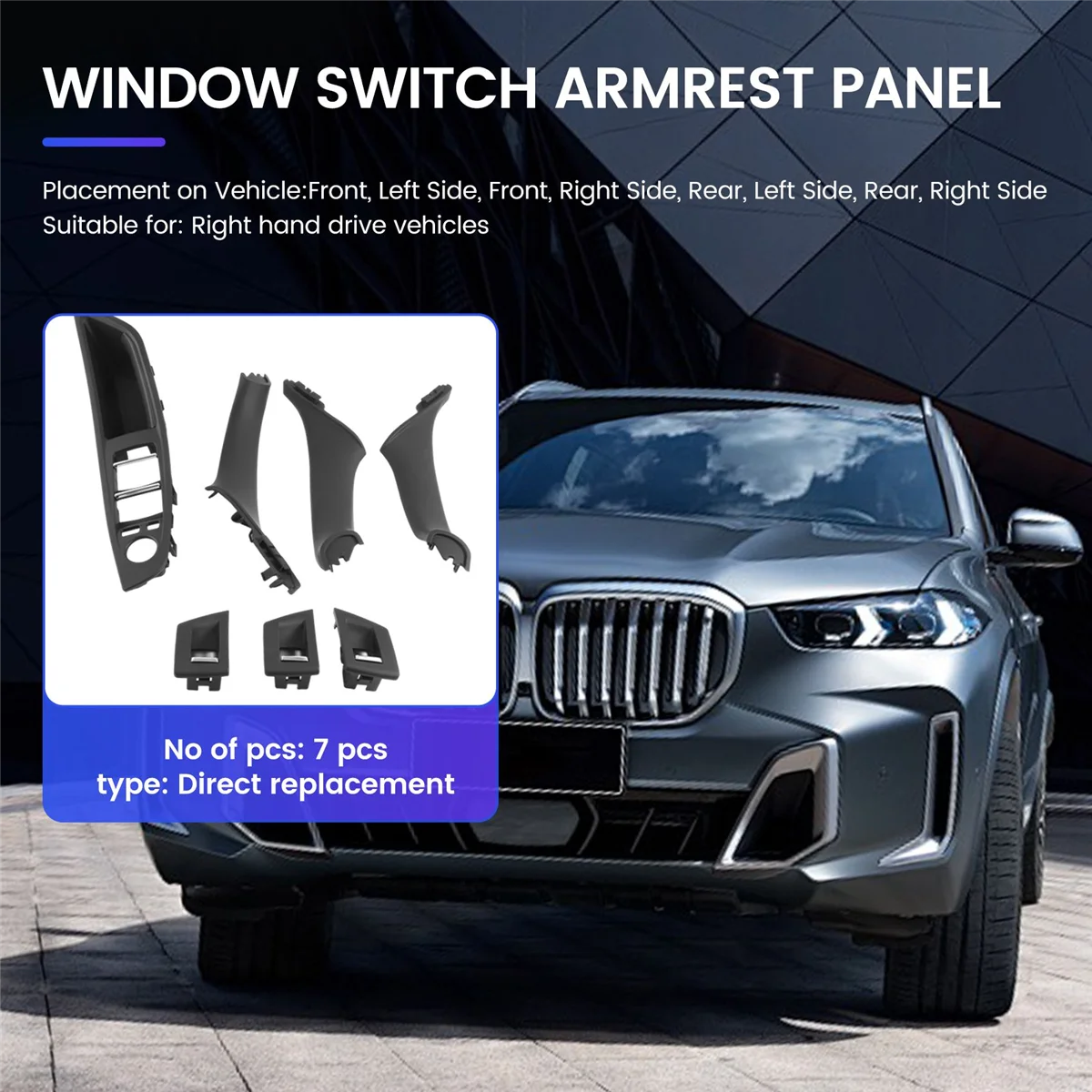 

7Pcs Car Inner Door Handle Window Lift Switch Armrest Panel For-BMW 5 Series F10 F11 F18 2010-2017 RHD 51417225875 RHDJAS