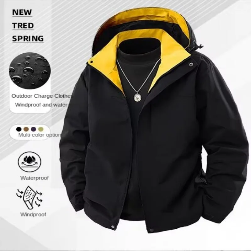 

High-end brand black hooded windbreaker jacket, unisex outerwear, windproof and waterproof, ideal for hiking, mountaineering, an