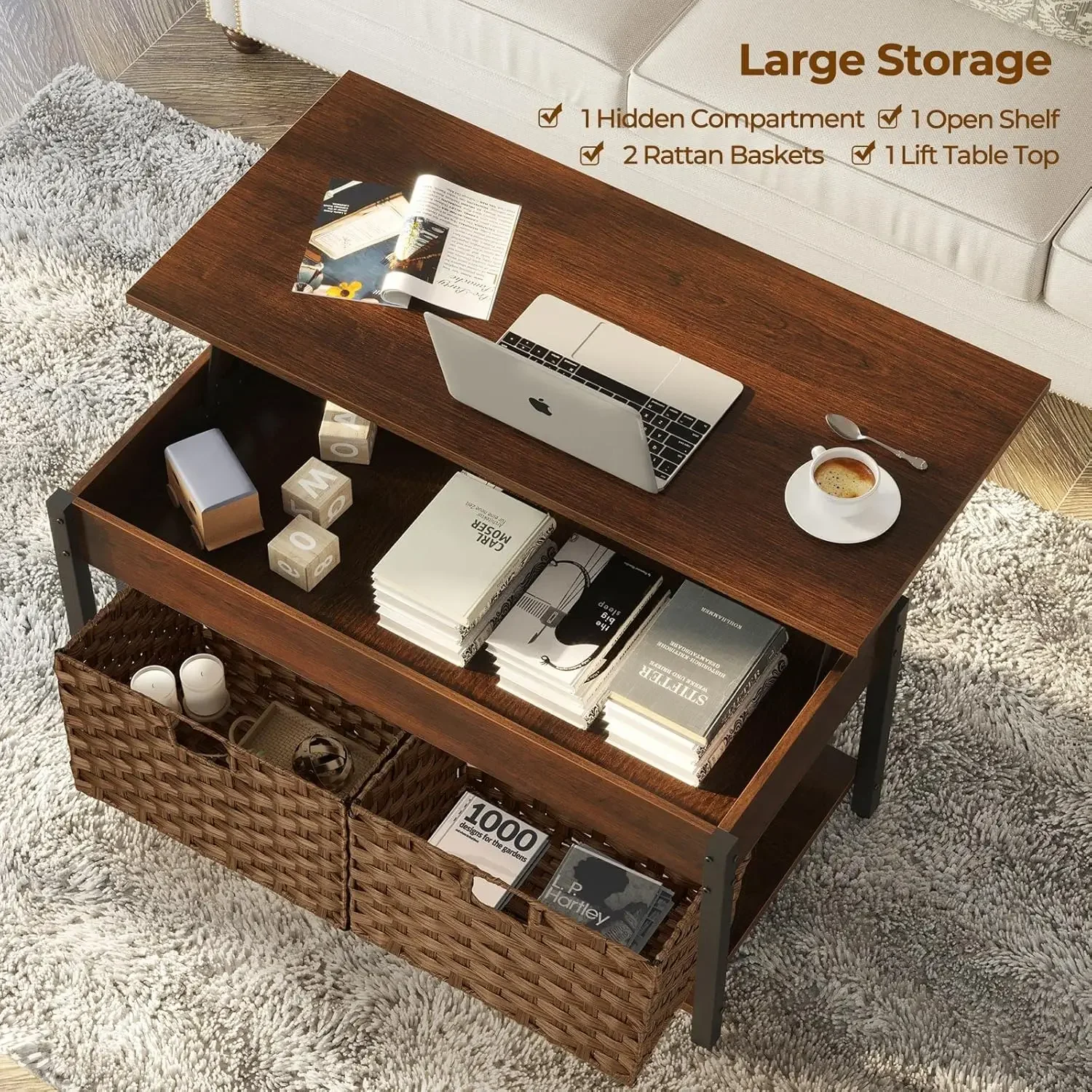 Lift Top Coffee Table with Hidden Storage Compartment and 2 Rattan Baskets, 41.7" Retro Central Table with Wooden Lift Tabletop