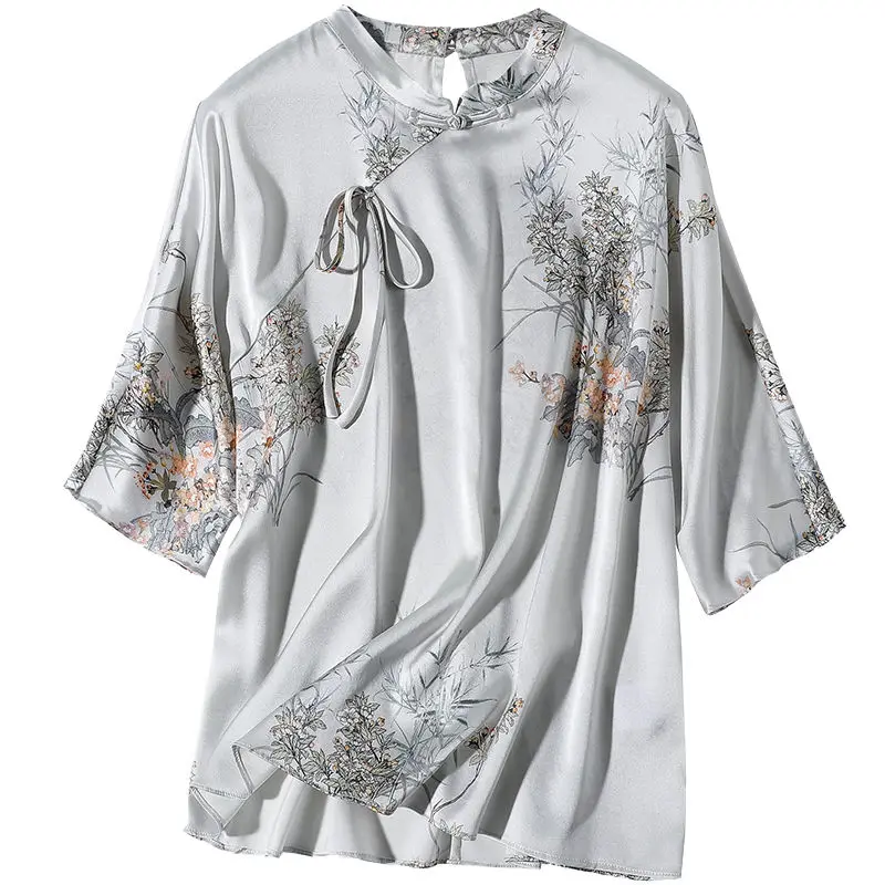 Blusa de seda con estampado de estilo chino para mujer, blusa de media manga con cuello levantado, botones de oficina, Tops con cordones sencillos,