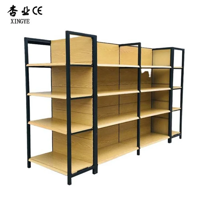 custom.Factory Customized Color Size Wood Grain Shelf Supermarket Display Shelving Miniso Supermarket Shelving