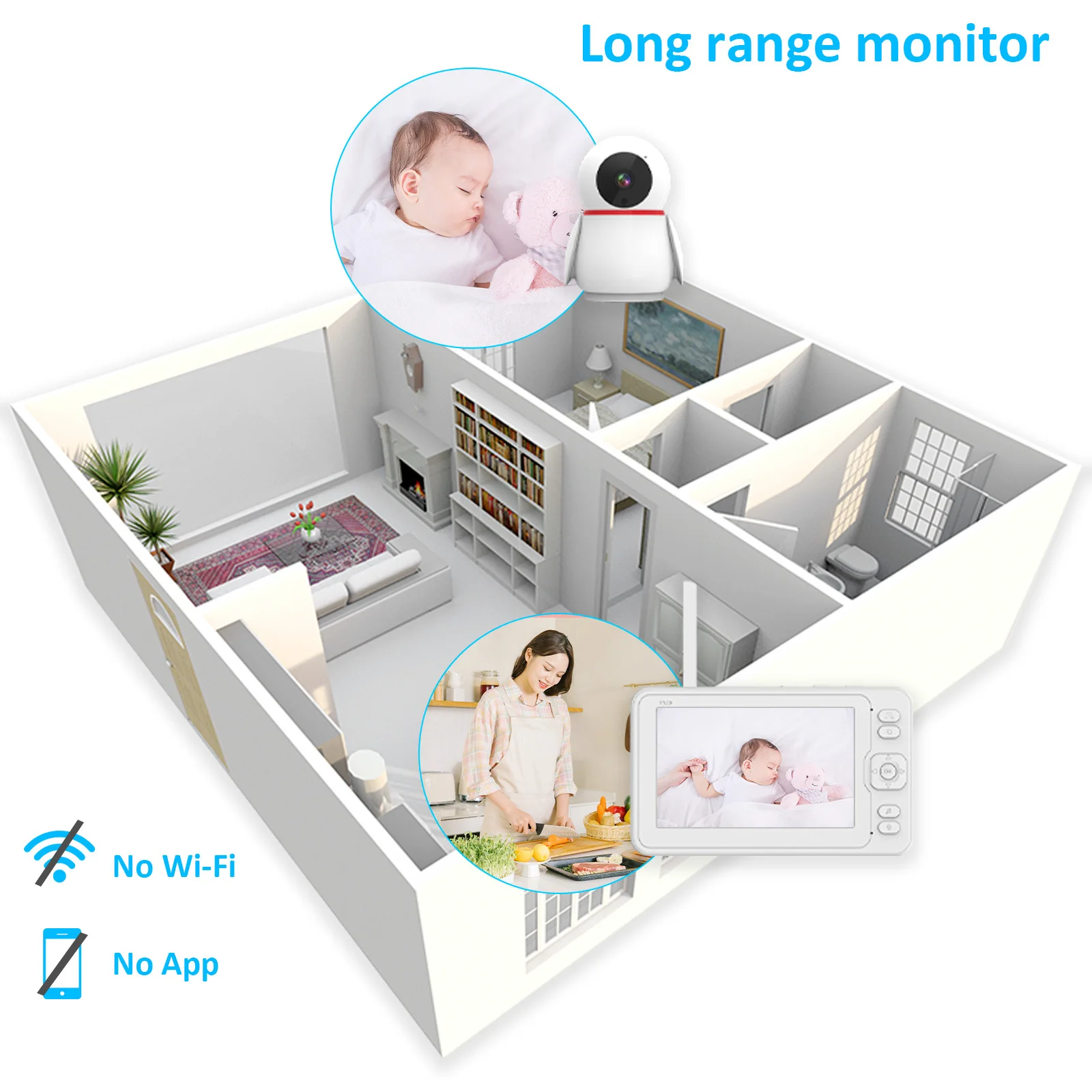 Monitor de bebé inalámbrico con pantalla de 5 pulgadas, intercomunicador PTZ de 2MP, 1080P, HD, cámara de largo alcance, pantalla de temperatura, Plan de alimentación, niñera