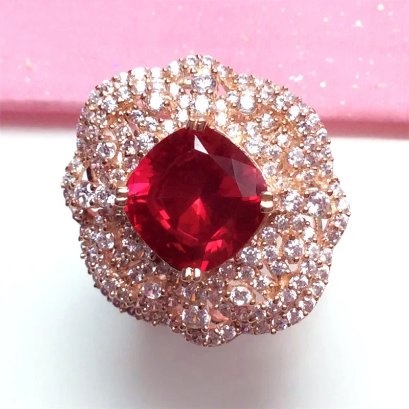 Luxury Flower Ruby Exaggerated Ring Exquisite Fashion Engagement Ring Plated Rose Gold Rings for Women Jewelry