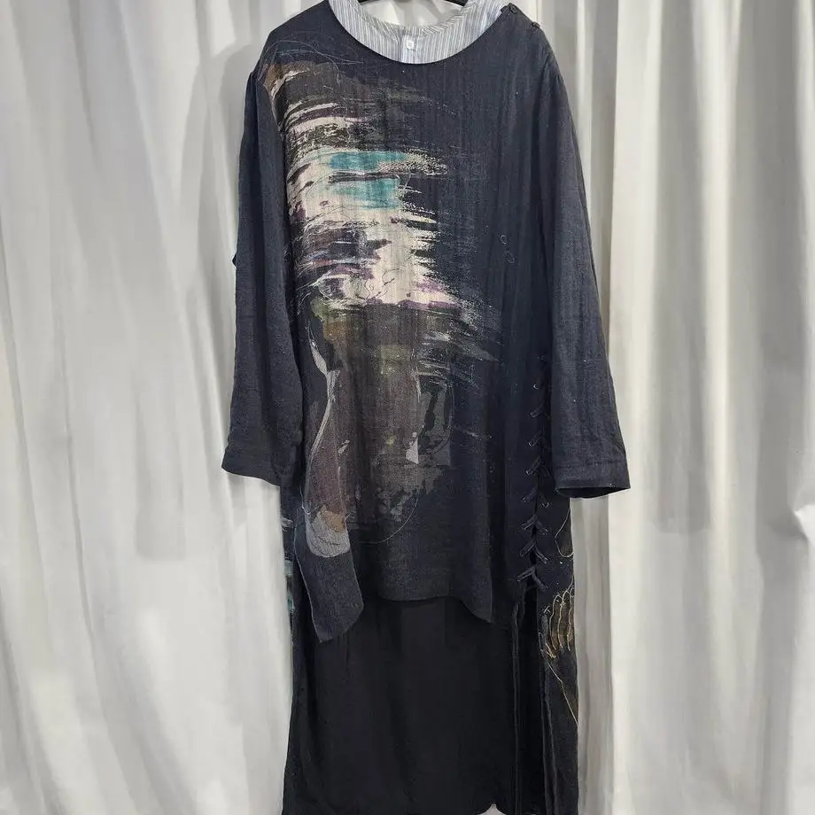 TOP-YAMAMOTO ® Artistic Hand-Drawn Printed Long-Sleeved T-Shirt for Women - Black Loose-Fitting Cool and Stylish Top