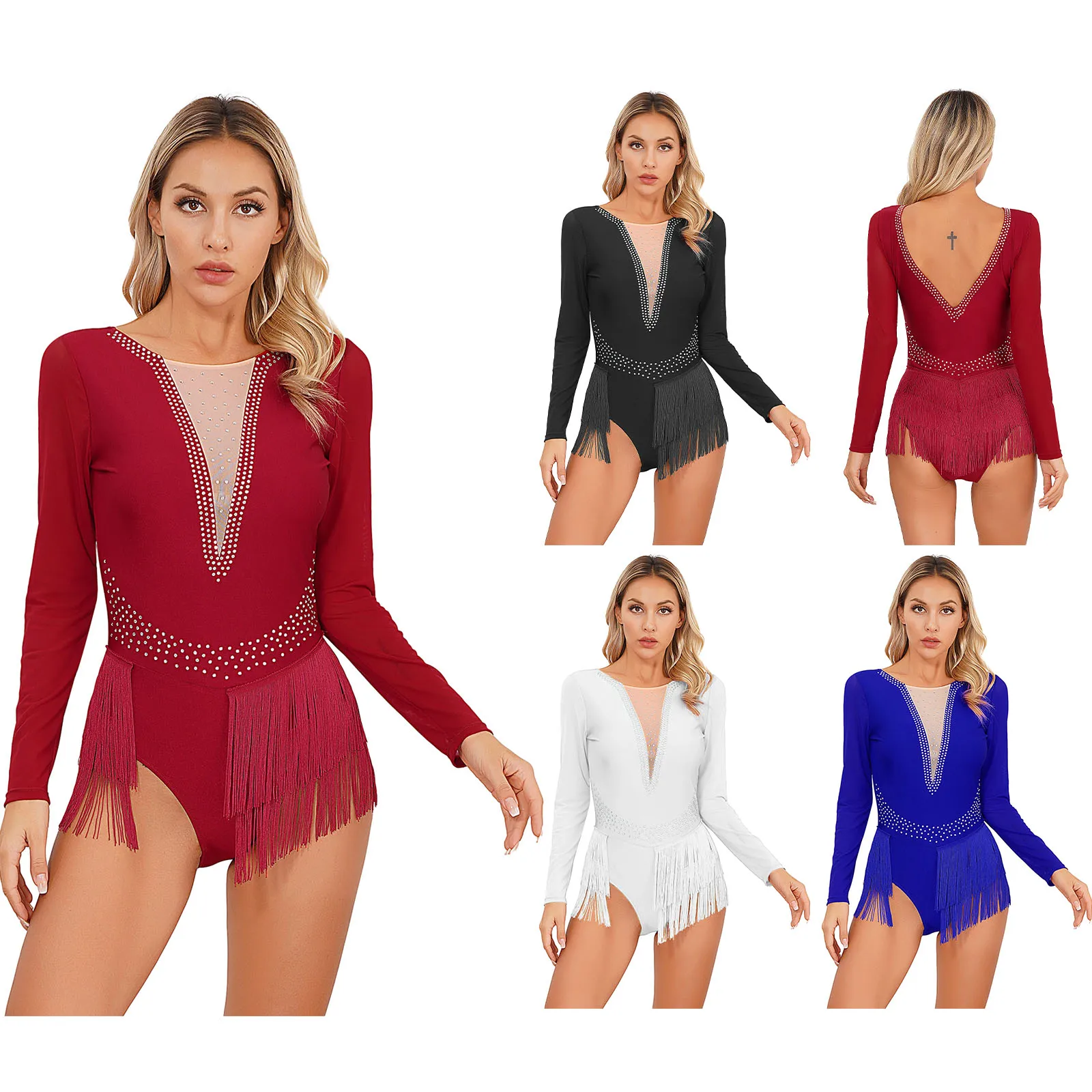 Women Latin Dance Tango Costume Figure Skating Ballet Gymnastics Leotard Long Sleeve Rhinestones Mesh Tassel Bodysuit Dancewear