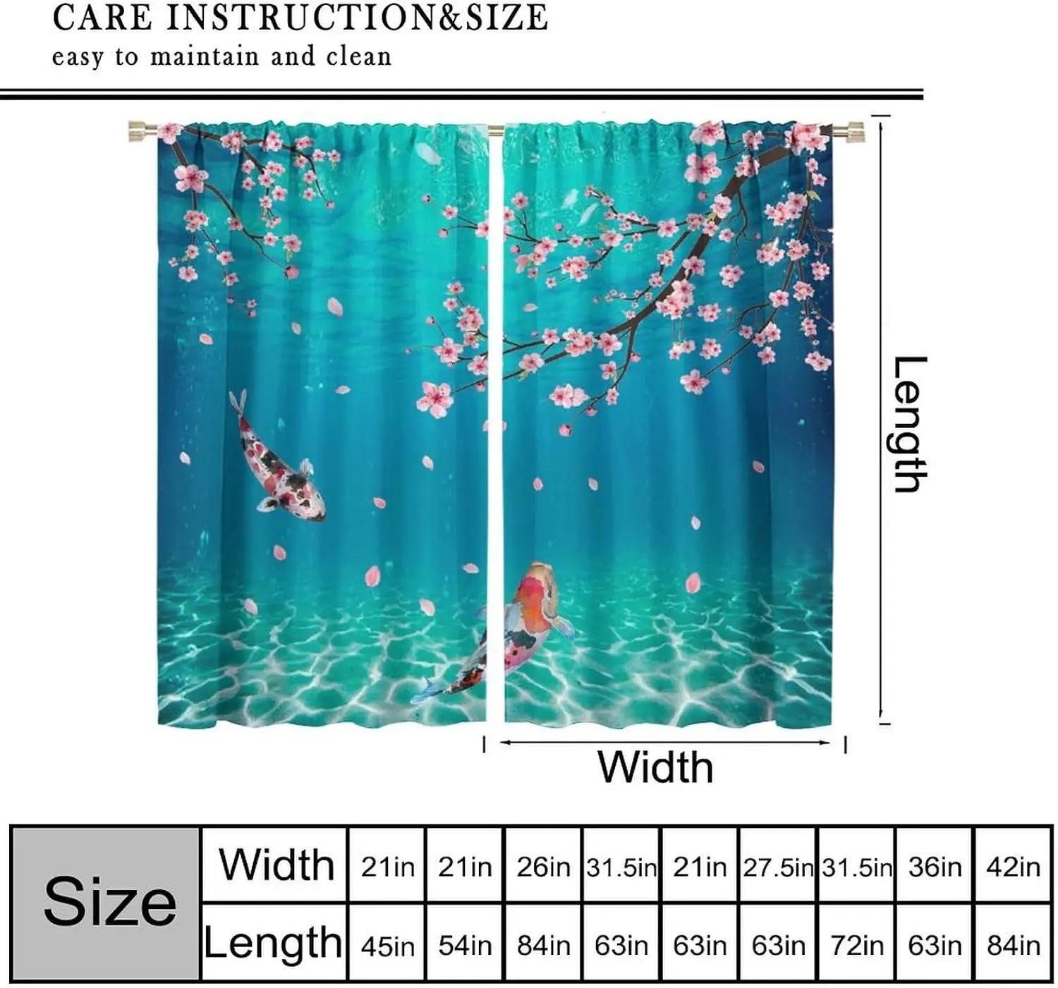 Blue Water Sakura Koi Fish Print Blackout Rod Pocket Curtain Cool Clear Zen Japanese Homestay Bedroom Rest Bay Window