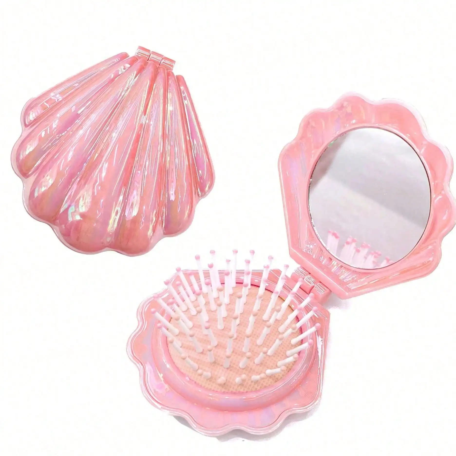 1pc Shell Air Cushion Massage Scalp Portable Folding Comb For Girls And Students, Multi-Color, Built-In Mirror