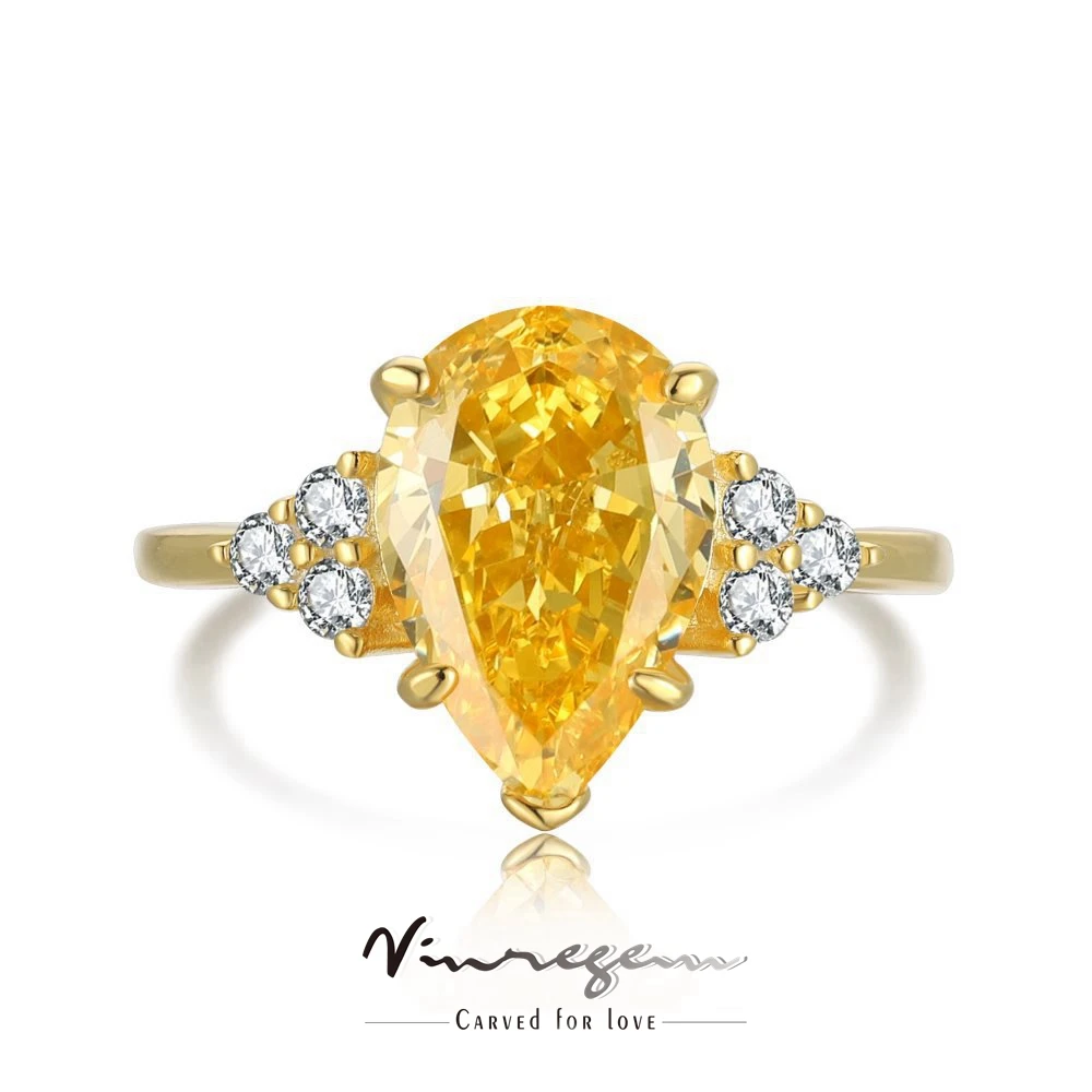 Vinregem 18K Gold Plated Pear Cut 4CT Yellow Sapphire Gemstone Wedding Ring for Women 925 Sterling Silver Jewelry Drop Shipping