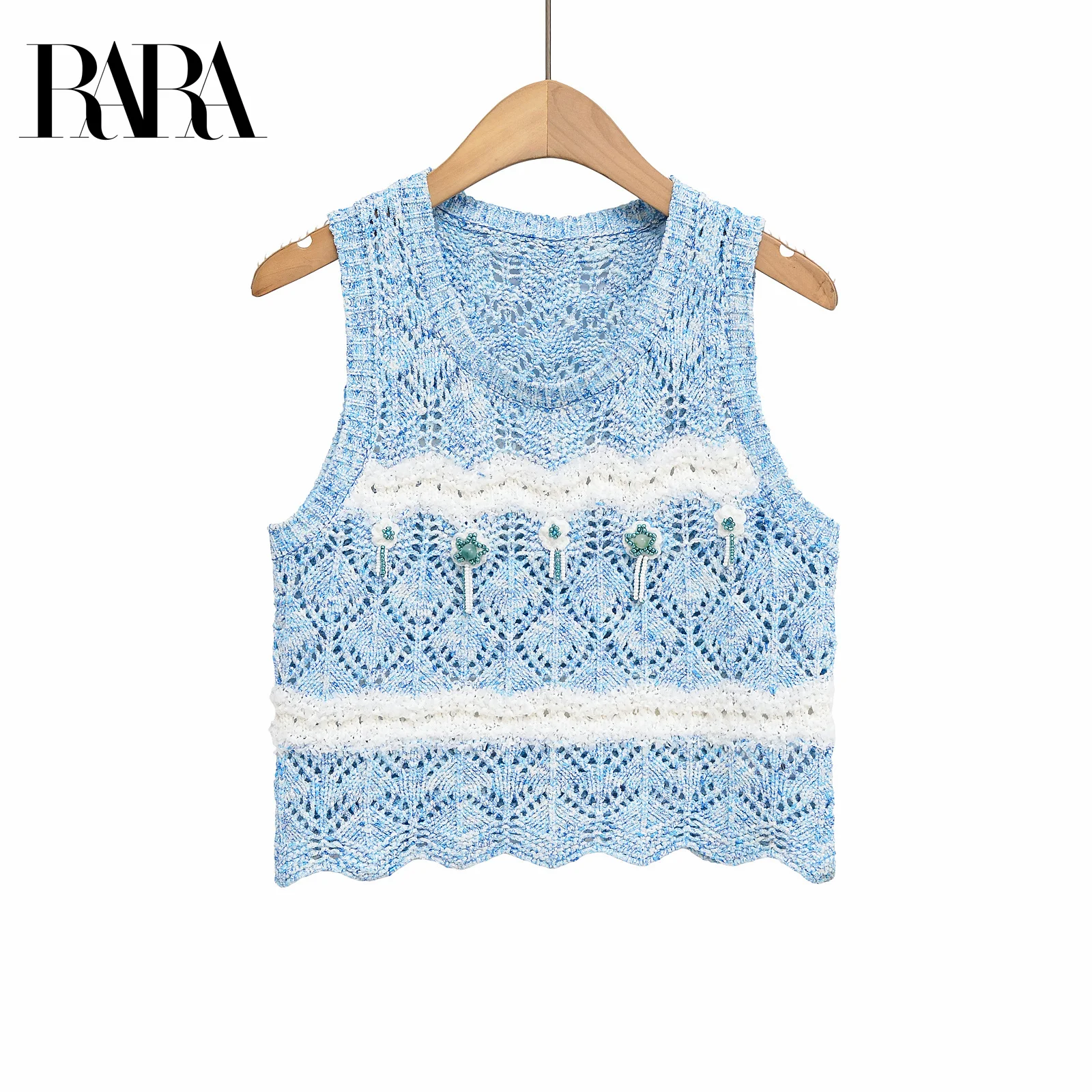

RARA Women's Short Contrast - colored Round Neck Sleeveless Knit Vest Top with Beaded Flower Decoration Stylish and Charming