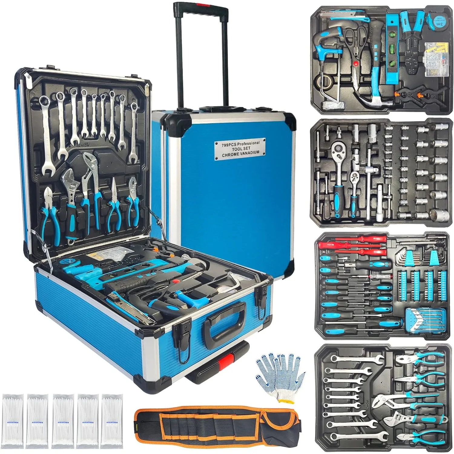 

NEW 799pcs Aluminum Trolley Case Tool Set Silver, House Repair Kit Set, Household Hand Tool Set, with Tool Belt