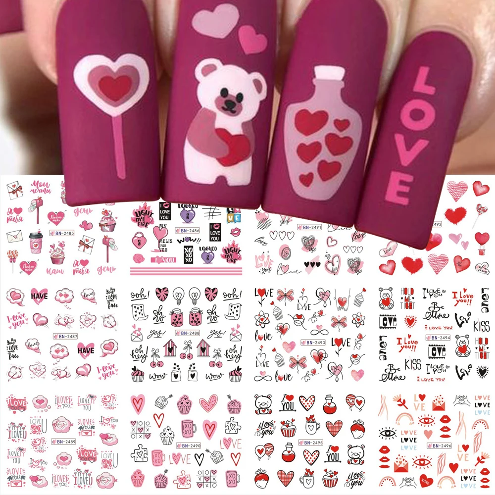 

12pcs/sheet Valentines Day Nail Stickers 3D Love Heart Nail Decals Cute Cartoon Water Transfer Nail Sticker Women Nail Supplies