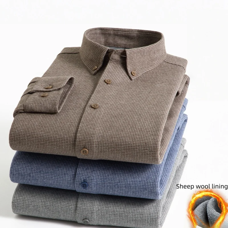 Men's Long-Sleeved Warm Shirt Wool Composite Fleece Winter Fleece-Lined Thickened Casual Business Shirt