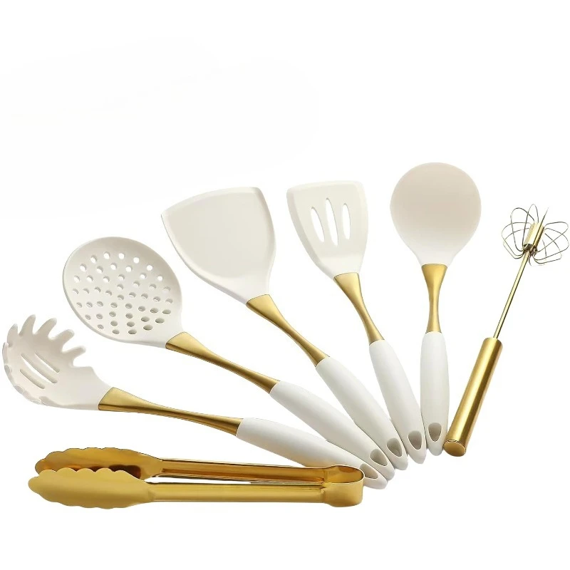 White gold silicone kitchenware 7-piece set 304 stainless steel silicone kitchenware kitchen cooking shovel