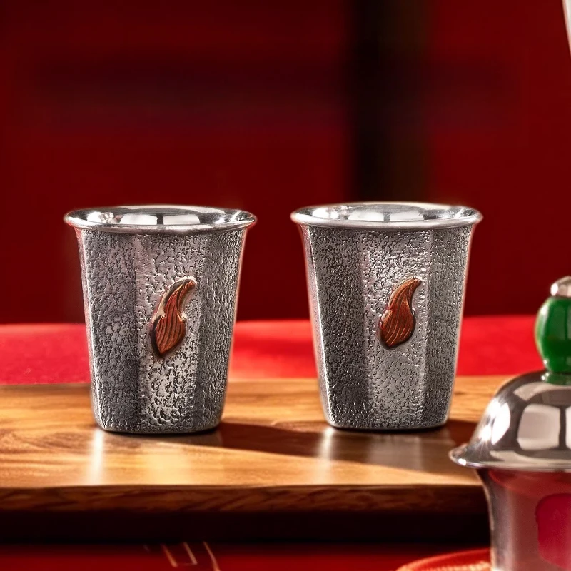 999 sterling silver magnolia flower small wine glass foot silver Chinese Baijiu wedding glass wine pair