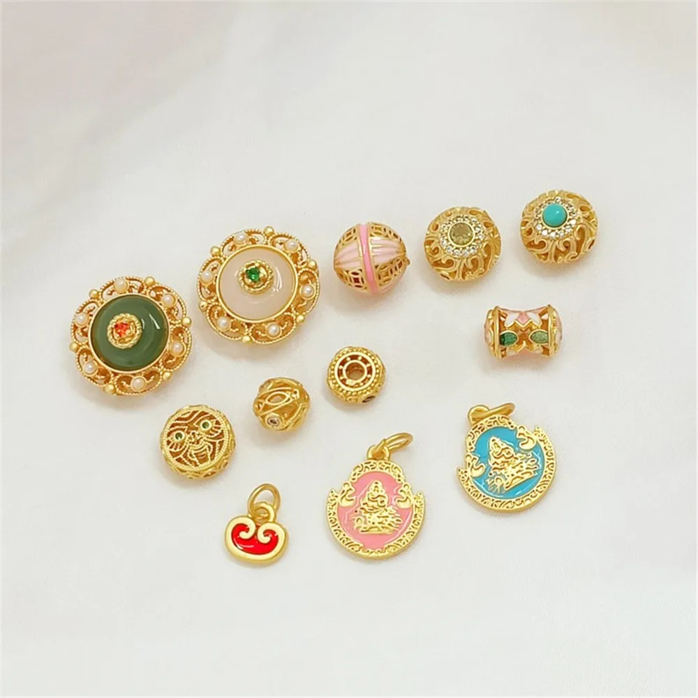 

Ancient-style Gold Zirconium Hollowed-out Balls Waist Flat Beads Pendant Flower Center Spacer Beads DIY Handmade Jewelry Accesso