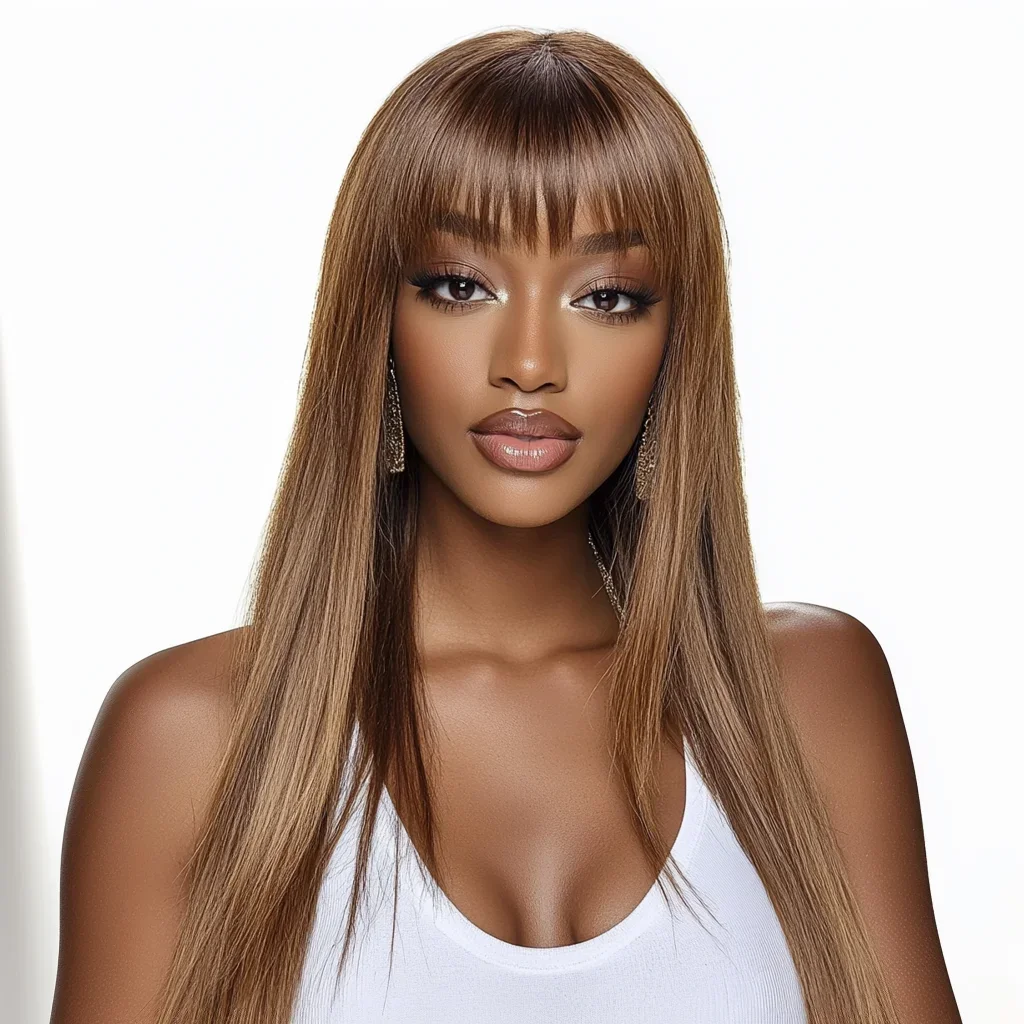 Highlight Brown Straight Human Hair Wigs With Bangs For Women Brazilian Remy Hair Full Machine Made 28