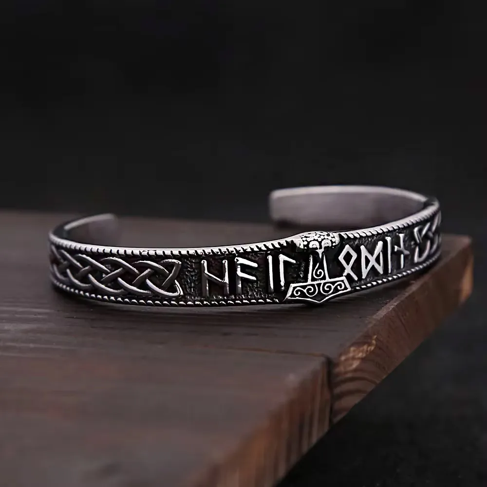 Wikinger-Runen-Armreif aus Edelstahl mit Nordischem Valknut-Keltischem Knoten, Statement-Armband für Männer, Modeschmuck Geschenk – Detail 6